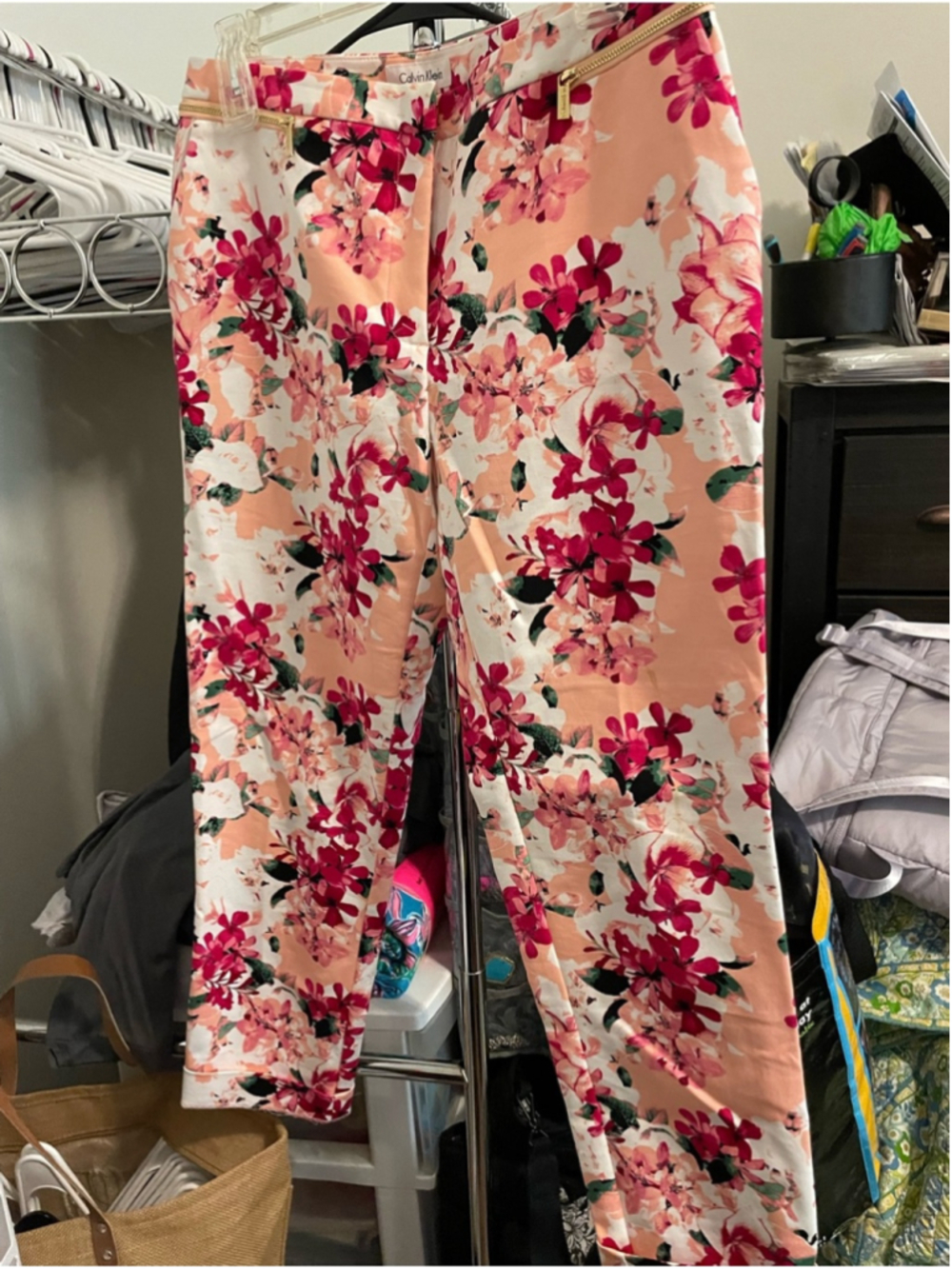 Calvin Klein Peach Floral Straight Pants with Pink Blossoms coquette cottagecore